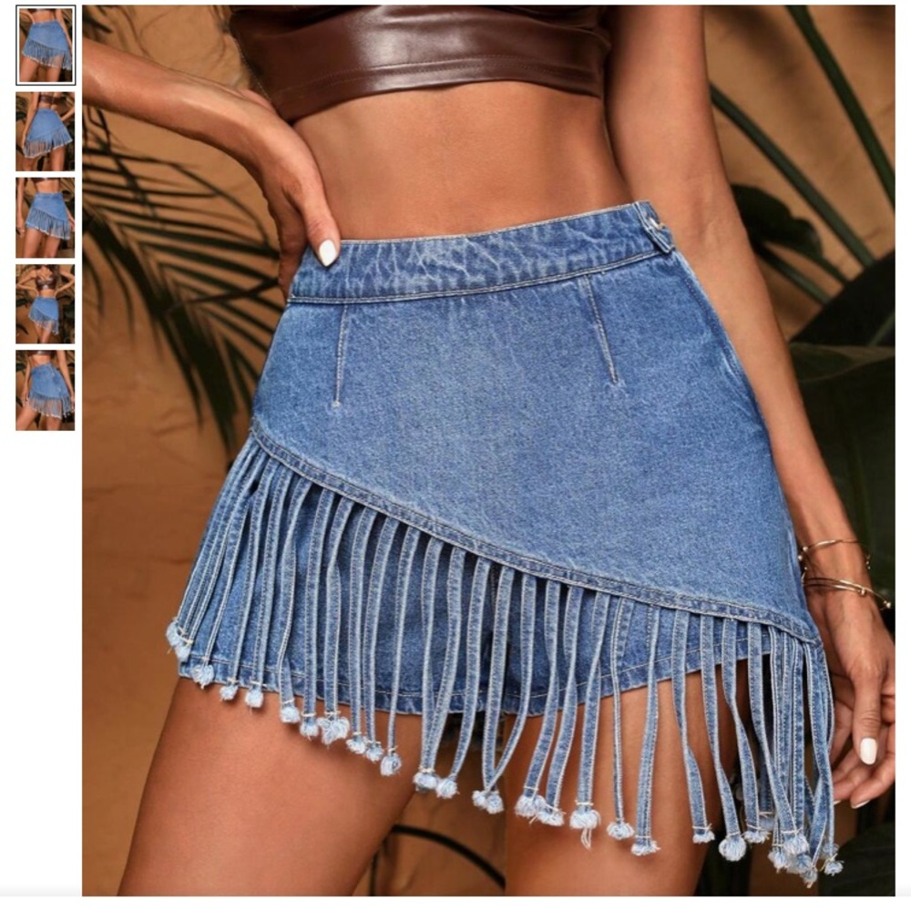 Fringe Trim Asymmetrical Denim Skort